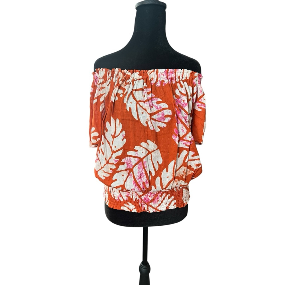 Nicole Miller Orange & White Leaf Print Off-Shoulder Blouse S - Picture 2 of 8